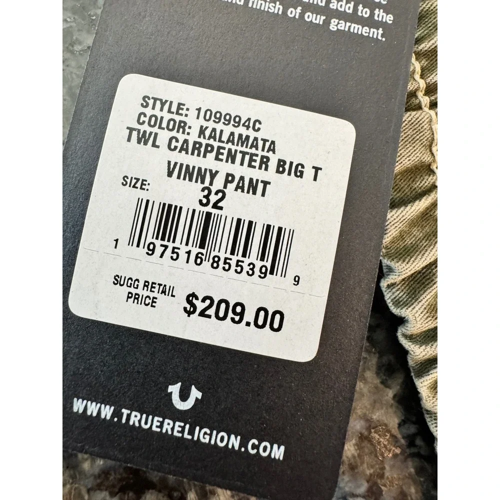 True Religion Vinny Carpenter Big T Pants‎ Kalamata Green 109994C Mens 32 NEW
